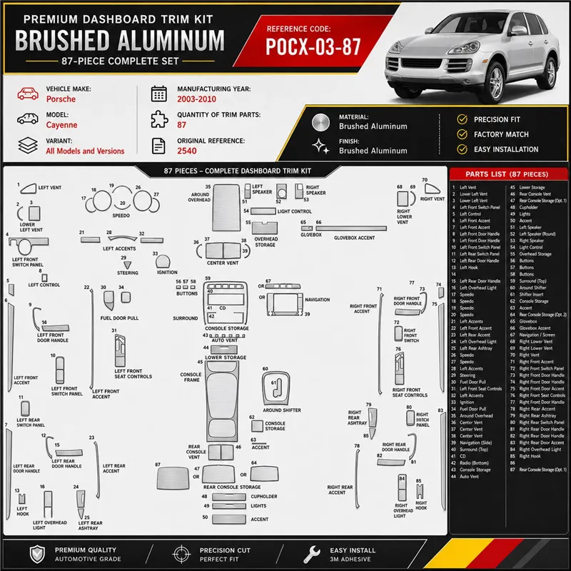 Porsche Cayenne 2003–2010 3D sada dekorov interiéru palubnej dosky 87-dielna