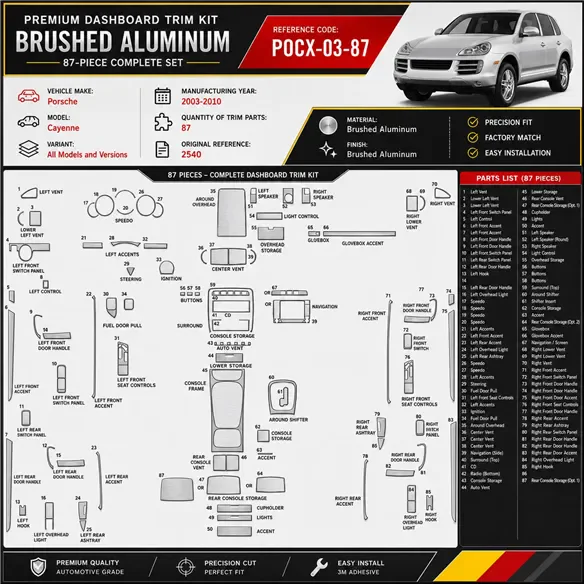 Porsche Cayenne 2003–2010 3D sada dekorov interiéru palubnej dosky 87-dielna