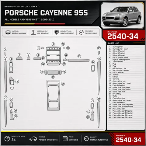 Porsche Cayenne 955 2003–2010 3D sada dekorov interiéru palubnej dosky 34-dielna