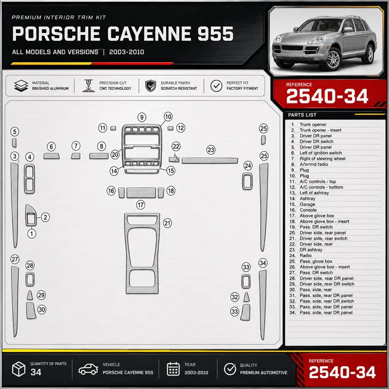 Porsche Cayenne 955 2003–2010 3D sada dekorov interiéru palubnej dosky 34-dielna