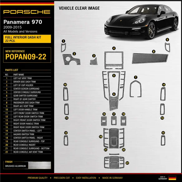 Porsche Panamera 2009–2015 3D sada dekorov interiéru palubnej dosky 22-dielna