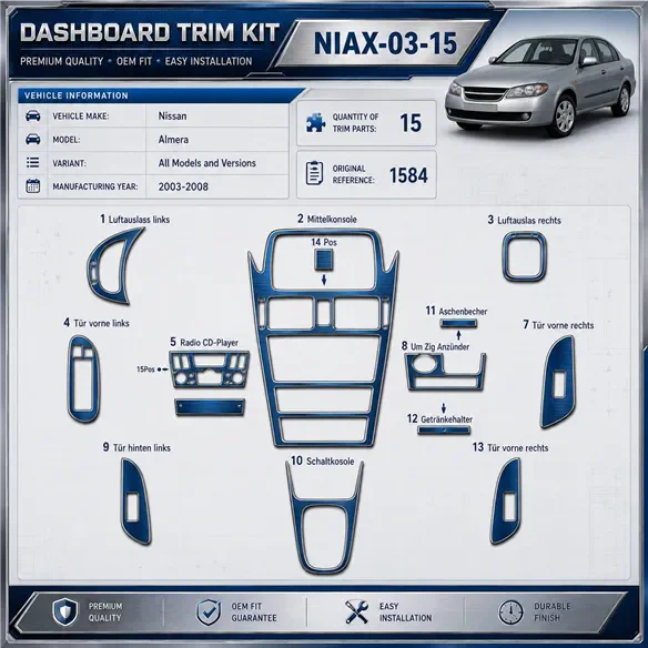Nissan Almera 2003–2008 3D sada dekorov interiéru palubnej dosky 15-dielna