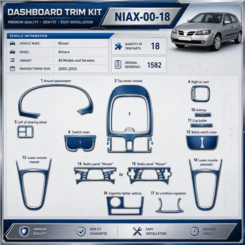 Nissan Almera 2000–2003 3D sada dekorov interiéru palubnej dosky 18-dielna