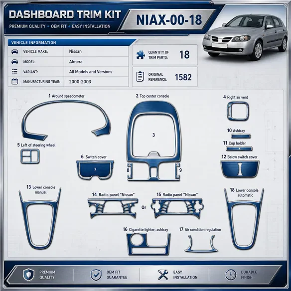 Nissan Almera 2000–2003 3D sada dekorov interiéru palubnej dosky 18-dielna