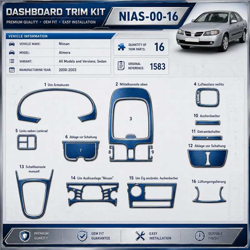 Nissan Almera 2000–2003 Sedan 3D sada dekorov interiéru palubnej dosky 16-dielna