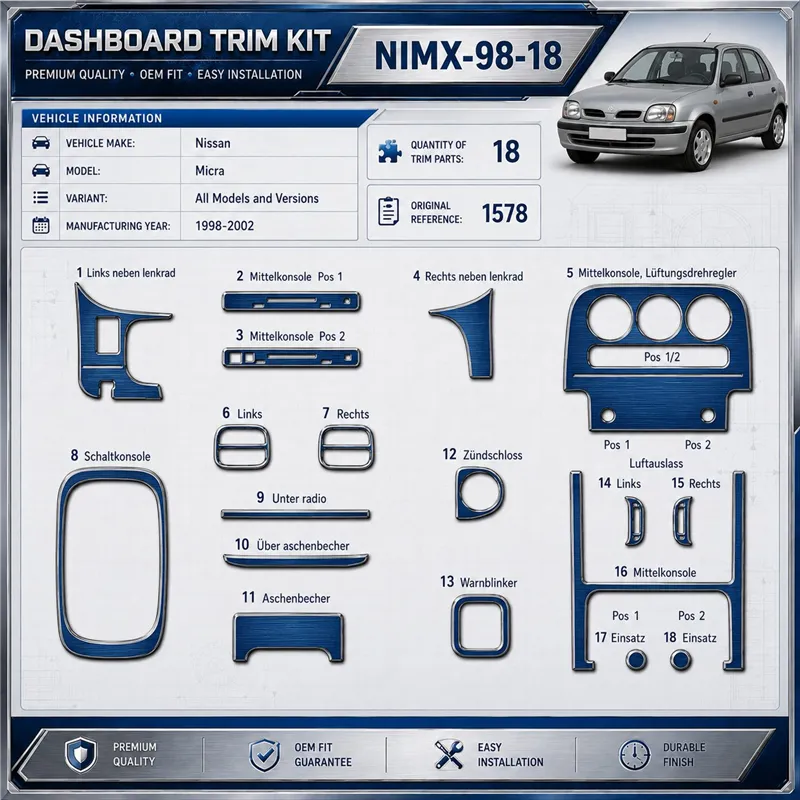 Nissan Micra 1998–2002 3D sada dekorov interiéru palubnej dosky 18-dielna