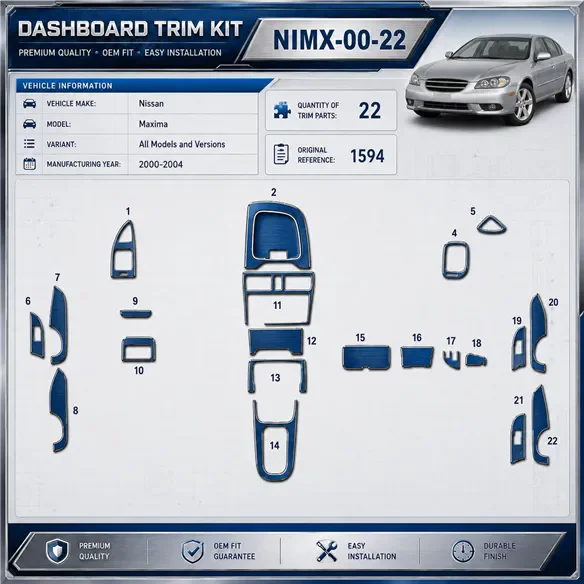 Nissan Maxima 2000–2004 3D sada dekorov interiéru palubnej dosky 22-dielna