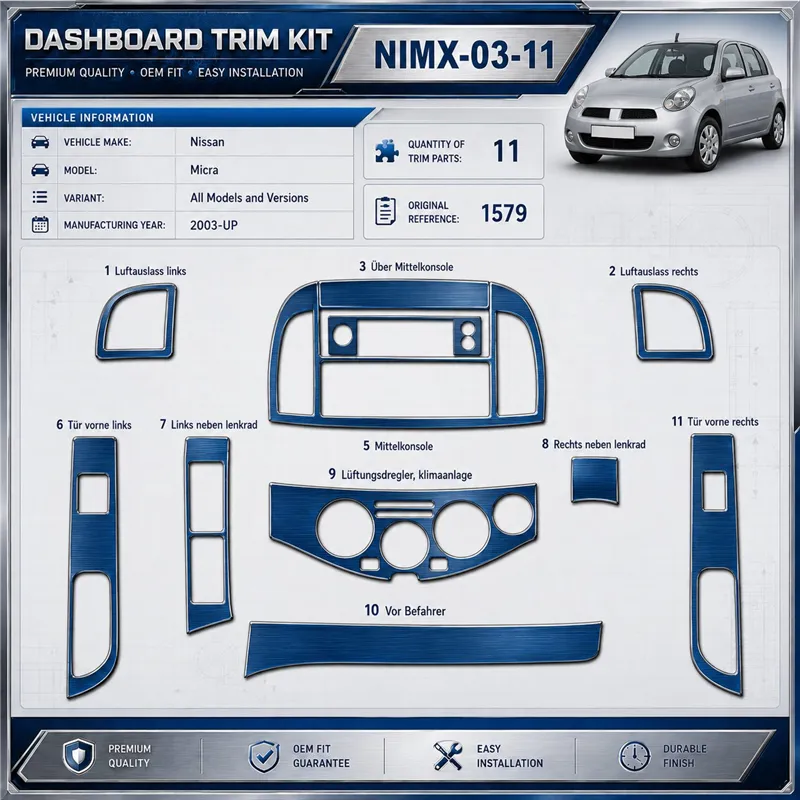 Nissan Micra od 2003 2009-UP 3D sada dekorov interiéru palubnej dosky 11-dielna