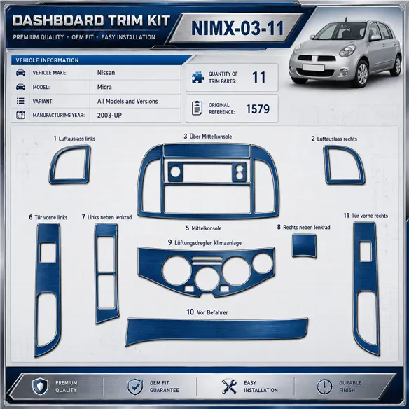 Nissan Micra od 2003 2009-UP 3D sada dekorov interiéru palubnej dosky 11-dielna