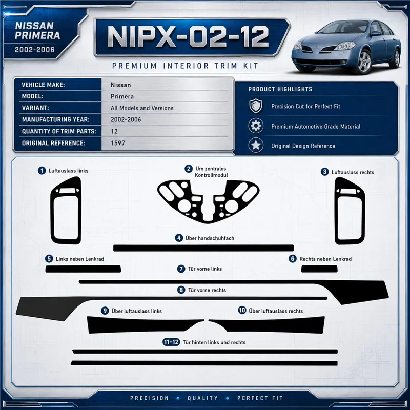 Nissan Primera 2002–2006 3D sada dekorov interiéru palubnej dosky 12-dielna