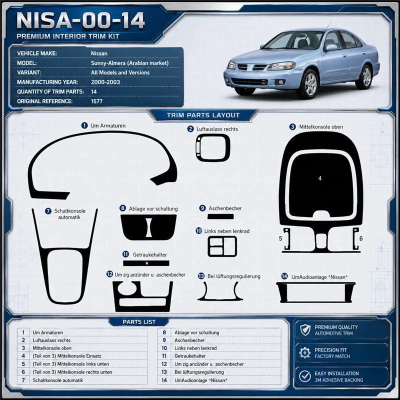 Nissan Sunny-Almera Arabian 2000–2003 3D sada dekorov interiéru palubnej dosky 14-dielna