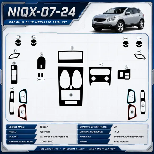 Nissan Qashqai 2007–2010 3D sada dekorov interiéru palubnej dosky 24-dielna