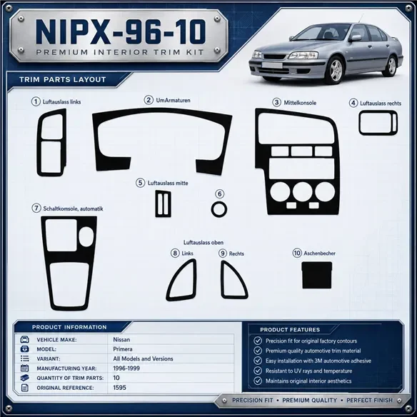Nissan Primera 1996–1999 3D sada dekorov interiéru palubnej dosky 10-dielna