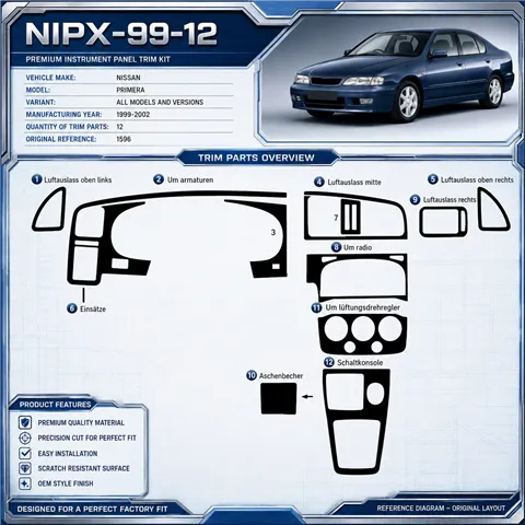 Nissan Primera 1999–2002 3D sada dekorov interiéru palubnej dosky 12-dielna