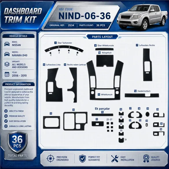 Nissan Navara D40 2006–2010 3D sada dekorov interiéru palubnej dosky 36-dielna