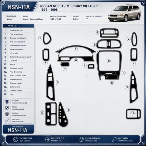 Nissan Quest 1996–1998 kompletná sada 3D sada dekorov interiéru palubnej dosky 17-dielna
