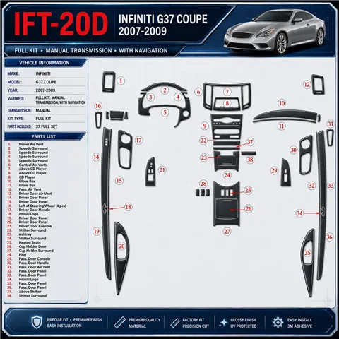 Infiniti G37 2007–2009 kompletná sada; Manual Gearbox; s navigáciou NAVI 3D sada dekorov interiéru palubnej dosky kompletná sada