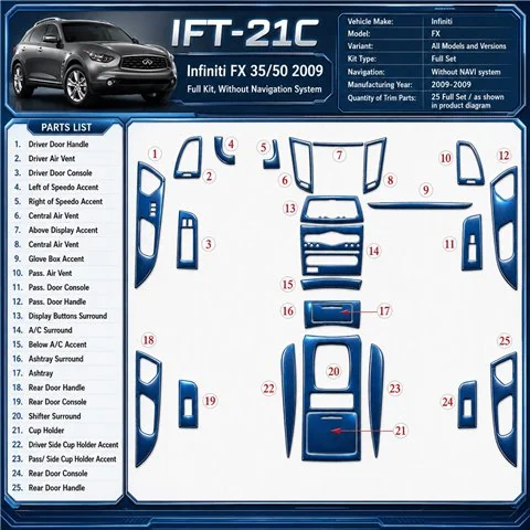 Infiniti FX 2009–2009 kompletná sada; bez navigácie NAVI system 3D sada dekorov interiéru palubnej dosky kompletná sada / podľa 