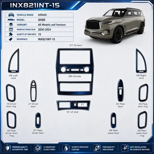 Infiniti QX80 2020–2024 3D sada dekorov interiéru palubnej dosky 15-dielna