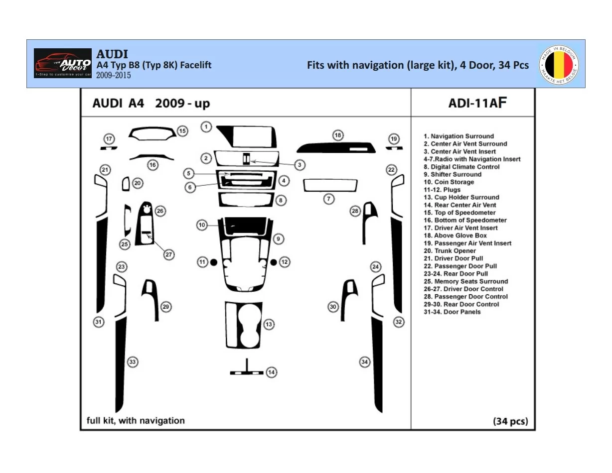 Audi A4 B8 Typ 8K 2009-2015 Súprava obloženia palubnej dosky 3D interiéru Dekorácia palubnej dosky 34 dielov - 1
