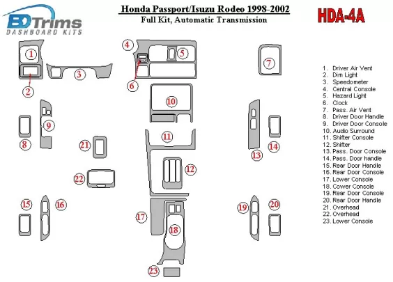 Honda Pasport 1998-2002 Kompletná súprava interiéru BD Dash Trim Kit - 1