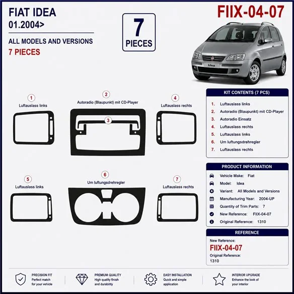 Fiat Idea 2004+ 3D dekor palubnej dosky, 7 dielov