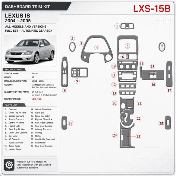 Lexus IS 2004–2005 kompletná sada; Automatic Gearbox 3D sada dekorov interiéru palubnej dosky kompletná sada / podľa produktovéh