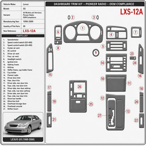 Lexus GS 1998–2000 Pioneer Radio; OEM Compliance 3D sada dekorov interiéru palubnej dosky 26-dielna