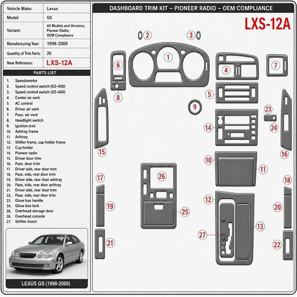 Lexus GS 1998–2000 Pioneer Radio; OEM Compliance 3D sada dekorov interiéru palubnej dosky 26-dielna