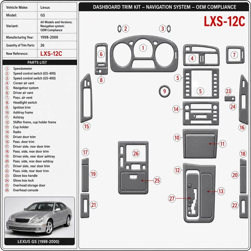 Lexus GS 1998–2000 navigácia system; OEM Compliance 3D sada dekorov interiéru palubnej dosky 26-dielna