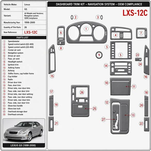 Lexus GS 1998–2000 navigácia system; OEM Compliance 3D sada dekorov interiéru palubnej dosky 26-dielna
