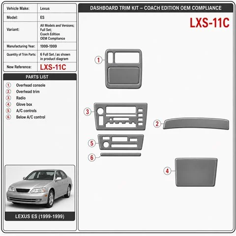 Lexus ES 1999–1999 kompletná sada; Coach Edition OEM Compliance 3D sada dekorov interiéru palubnej dosky kompletná sada / podľa 