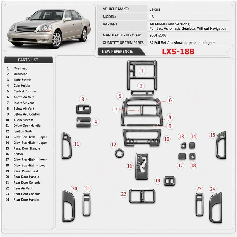 Lexus LS 2001–2003 kompletná sada; Automatic Gearbox; Without navigácia 3D sada dekorov interiéru palubnej dosky kompletná sada 