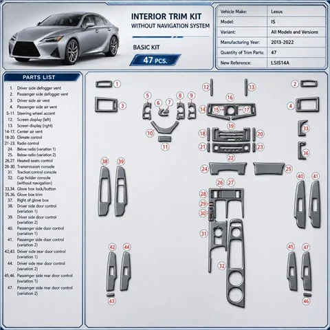 Lexus IS 2013–2022 3D sada dekorov interiéru palubnej dosky 47-dielna