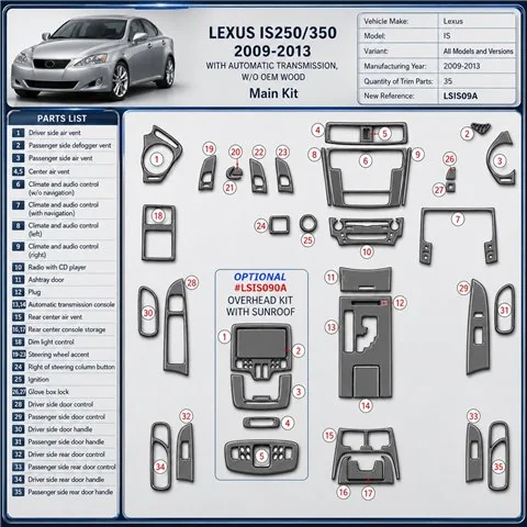 Lexus IS 2009–2013 3D sada dekorov interiéru palubnej dosky 35-dielna