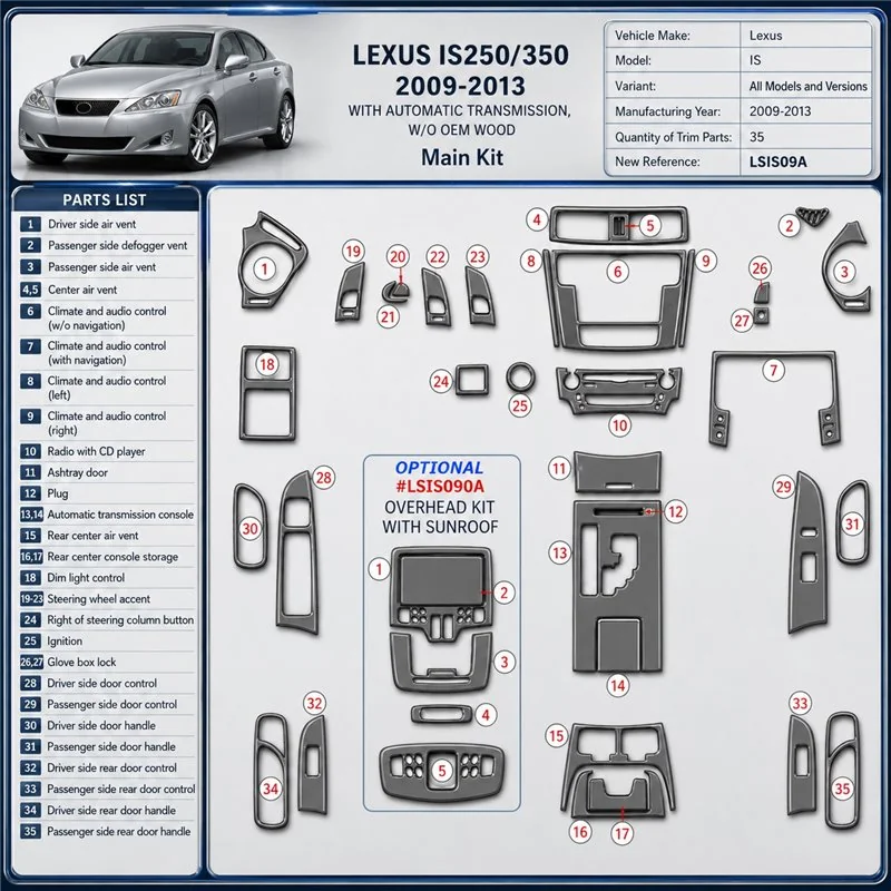 Lexus IS 2009–2013 3D sada dekorov interiéru palubnej dosky 35-dielna