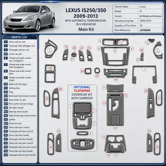 Lexus IS 2009–2013 3D sada dekorov interiéru palubnej dosky 35-dielna
