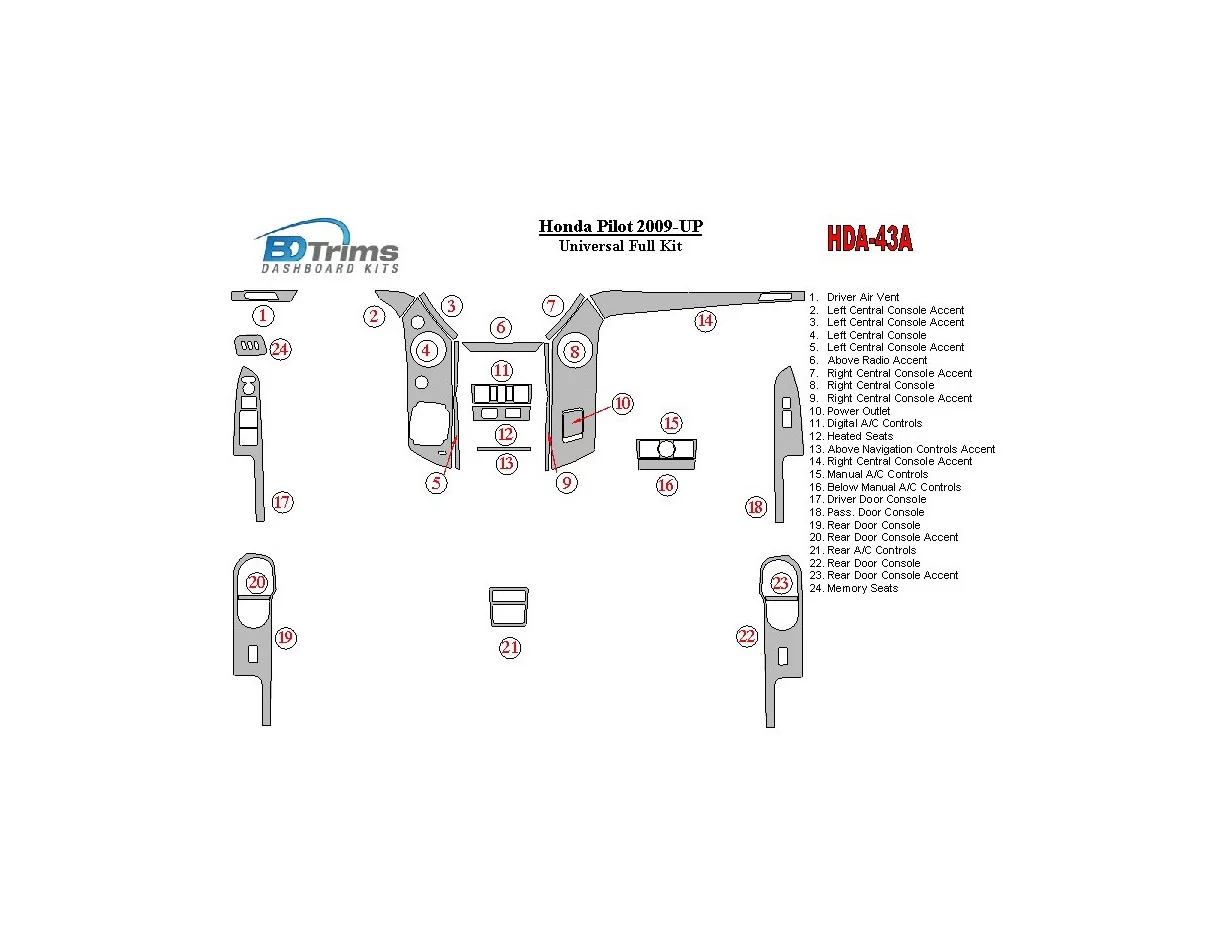 Honda Pilot 2009-UP Univerzálna kompletná súprava interiéru BD Dash Trim Kit - 1