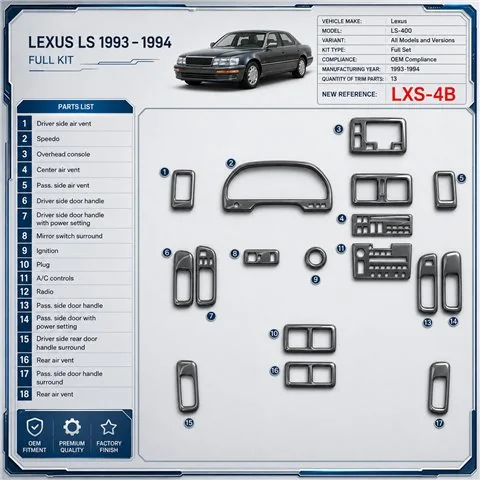 Lexus LS-400 1993–1994 kompletná sada; OEM Compliance 3D sada dekorov interiéru palubnej dosky 13-dielna
