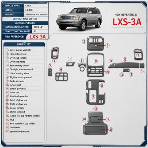 Lexus LX-470 od 1998 bez navigácie NAVI system; OEM Compliance 3D sada dekorov interiéru palubnej dosky 22-dielna
