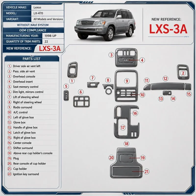 Lexus LX-470 od 1998 bez navigácie NAVI system; OEM Compliance 3D sada dekorov interiéru palubnej dosky 22-dielna
