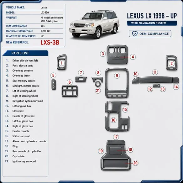 Lexus LX-470 od 1998 s navigáciou NAVI system; OEM Compliance 3D sada dekorov interiéru palubnej dosky 22-dielna