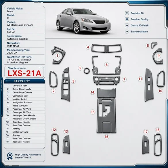 Lexus IS od 2006 kompletná sada; Automatic Gearbox; s navigáciou NAVI 3D sada dekorov interiéru palubnej dosky kompletná sada / 