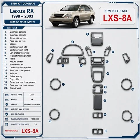 Lexus RX 1998–2003 bez navigácie NAVI system; OEM Compliance 3D sada dekorov interiéru palubnej dosky 20-dielna