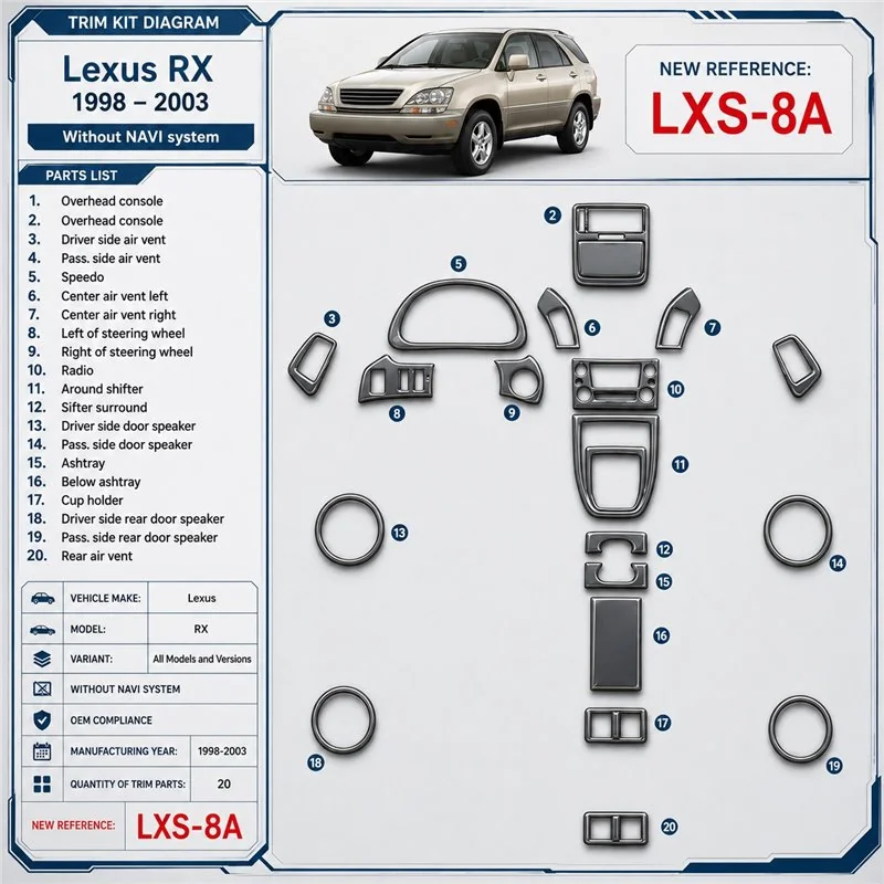 Lexus RX 1998–2003 bez navigácie NAVI system; OEM Compliance 3D sada dekorov interiéru palubnej dosky 20-dielna