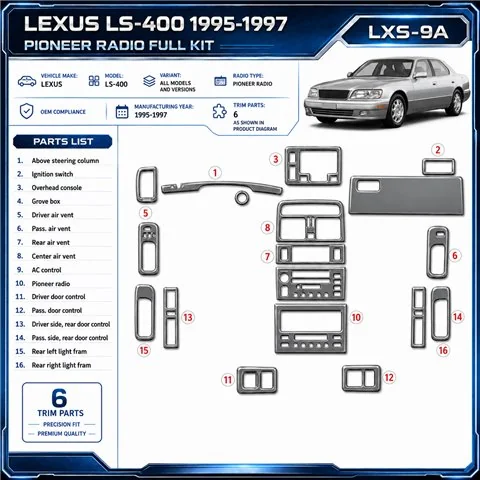 Lexus LS-400 1995–1997 Pioneer Radio; OEM Compliance 3D sada dekorov interiéru palubnej dosky 6-dielna