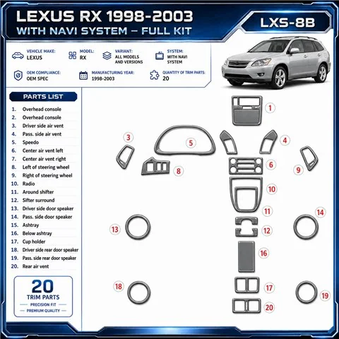 Lexus RX 1998–2003 s navigáciou NAVI system; OEM Compliance 3D sada dekorov interiéru palubnej dosky 20-dielna