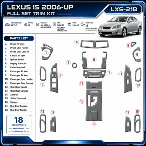 Lexus IS od 2006 kompletná sada; Automatic Gearbox; bez navigácie NAVI 3D sada dekorov interiéru palubnej dosky kompletná sada /