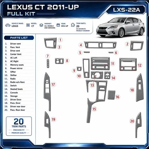 Lexus CT od 2011 3D sada dekorov interiéru palubnej dosky podľa produktového nákresu