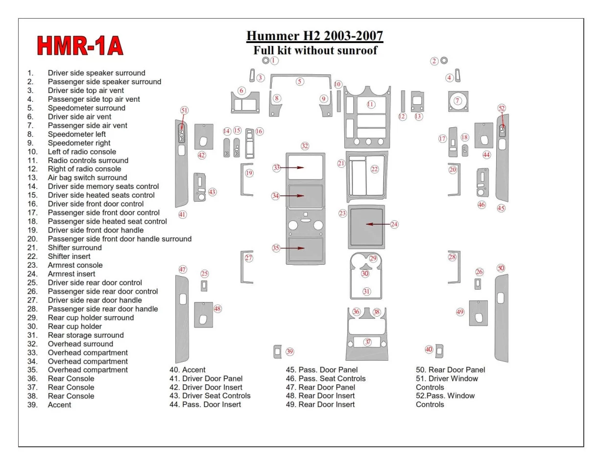 Hummer H2 2003-2007 Kompletná súprava, bez interiéru strešného okna BD Dash Trim Kit - 1